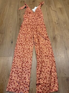 Sandro Floral Tie-Shoulder Wide-Leg Jumpsuit in Rust and Cream